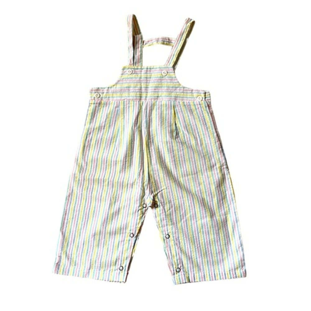 VINTAGE Handmade Overalls Pants 2T Pink Yellow Blue Wide Leg Tank Striped